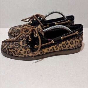 Sperry Top Siders Women's Boat Shoes 9M Leopard Print Black Patent Trim Loafers